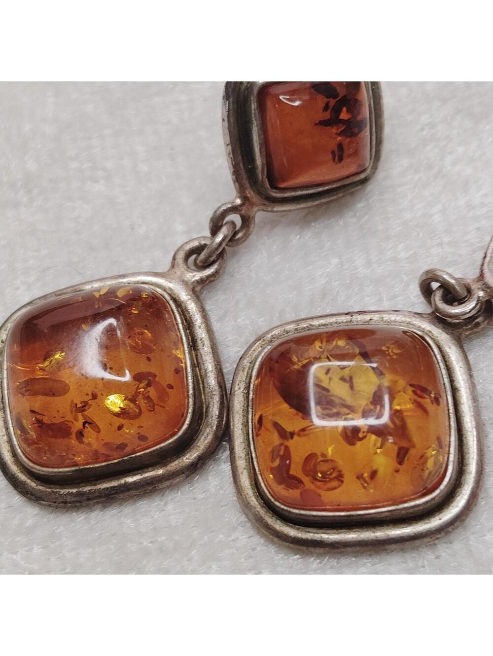 Vintage Baltic Amber Sterling Silver Square Dangle Earrings 1 5/8"